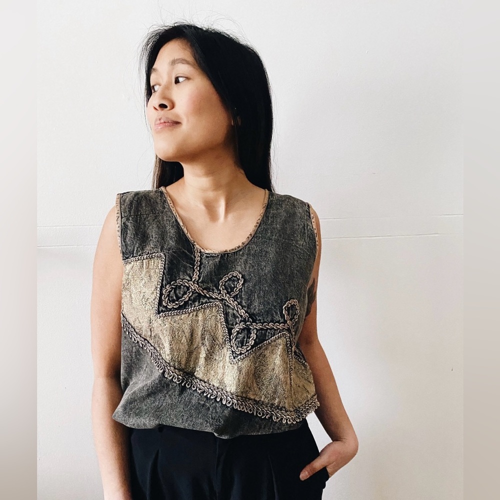 Vintage 90s tie dye jeans top, camisole on a light denim